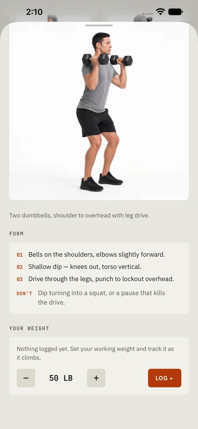 The dumbbell push press in FueledWod: a filmed demo, the form cues (bells on the shoulders, elbows slightly forward; shallow dip, knees out, torso vertical; drive through the legs, punch to lockout overhead), the fault to avoid, and your weight