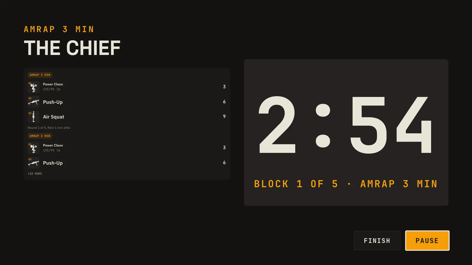 FueledWod's clock on Apple TV: 2:54 in block 1 of 5, AMRAP 3 minutes, beside the movements