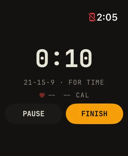 FueledWod on Apple Watch: 0:10, 21-15-9 for time, with heart rate and calories, Pause and Finish